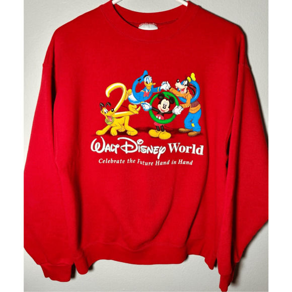 Vintage 2000 Disney Y2K Red Crewneck Sweatshirt Sz S Mickey Donald Goofy Pluto - Picture 2 of 8